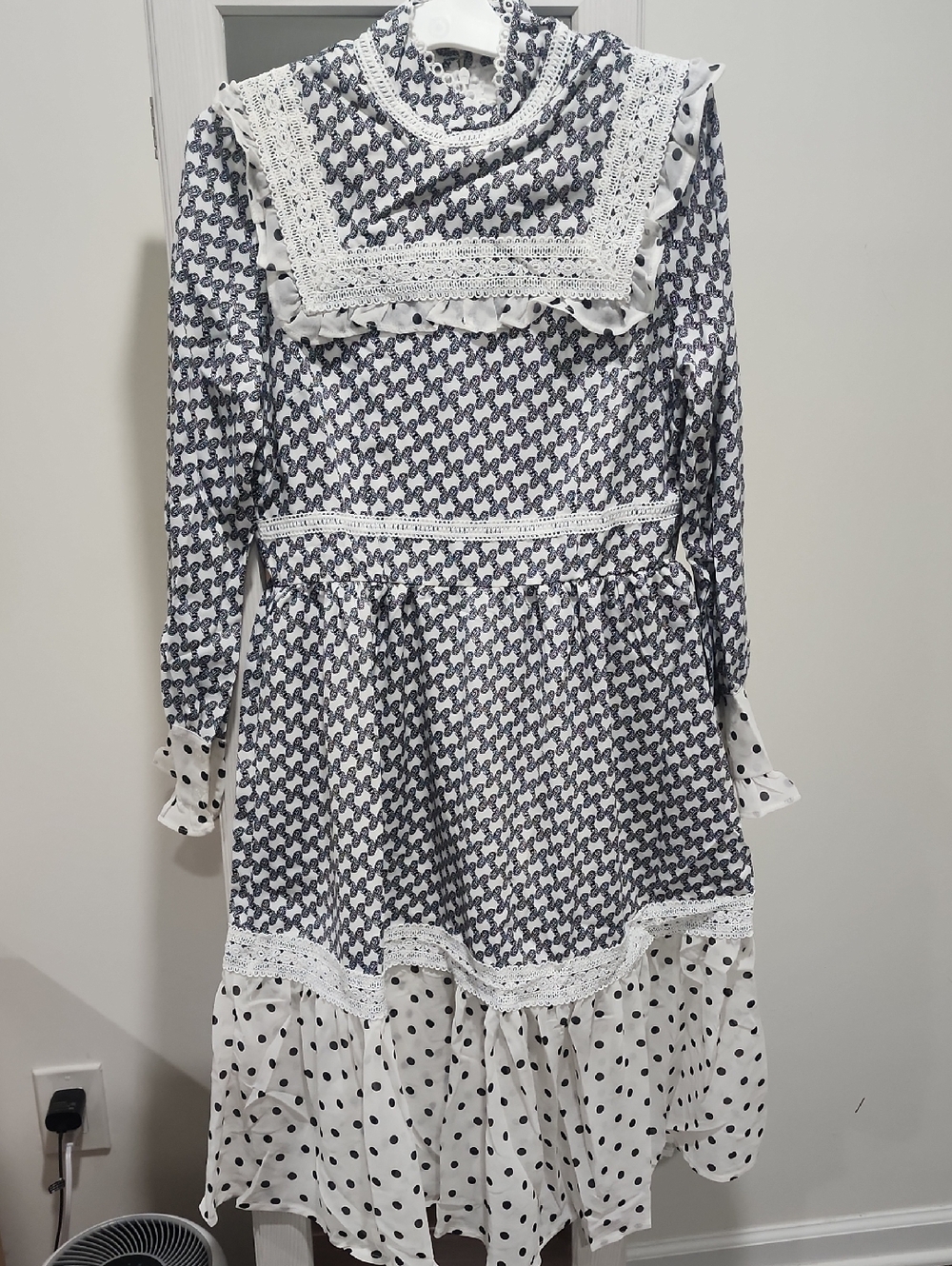 Navy and White Mixed-Print Lace Trim Midi Dress